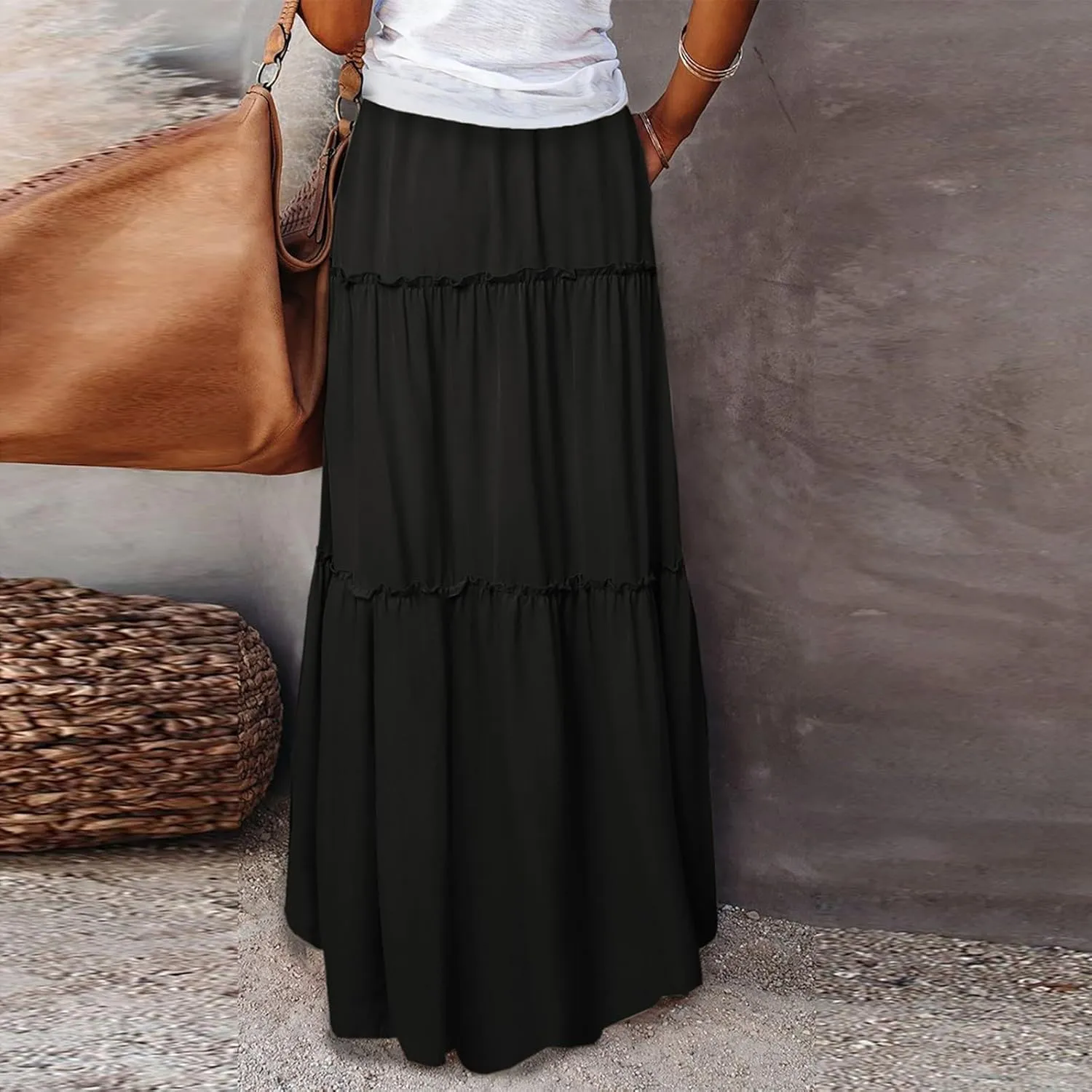 Long Skirts for Women A Line Ruffle Tiered Pleated Flowy Maxi Skirt with Pockets Casual High Waisted Modest Skirts