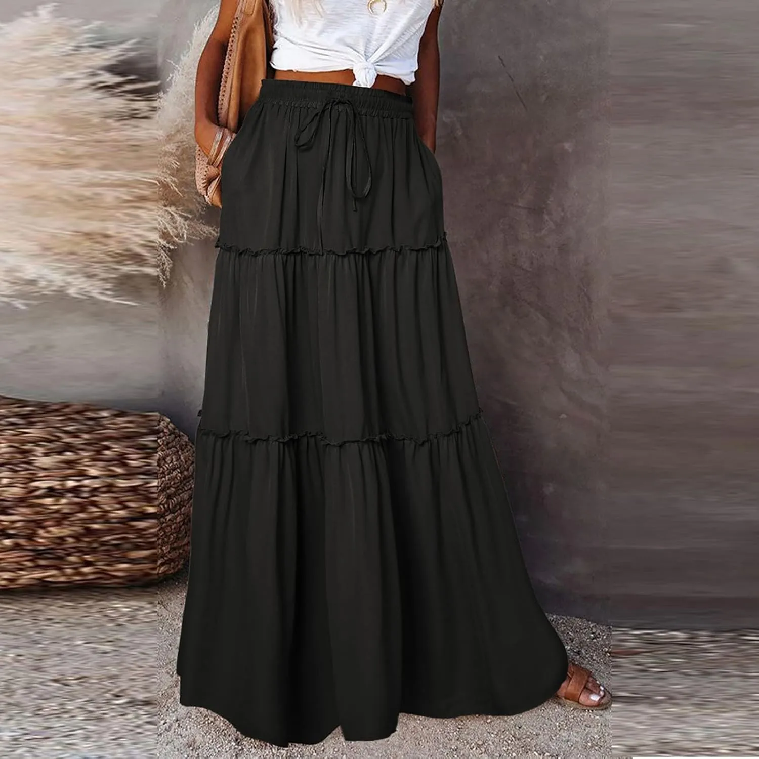 Long Skirts for Women A Line Ruffle Tiered Pleated Flowy Maxi Skirt with Pockets Casual High Waisted Modest Skirts