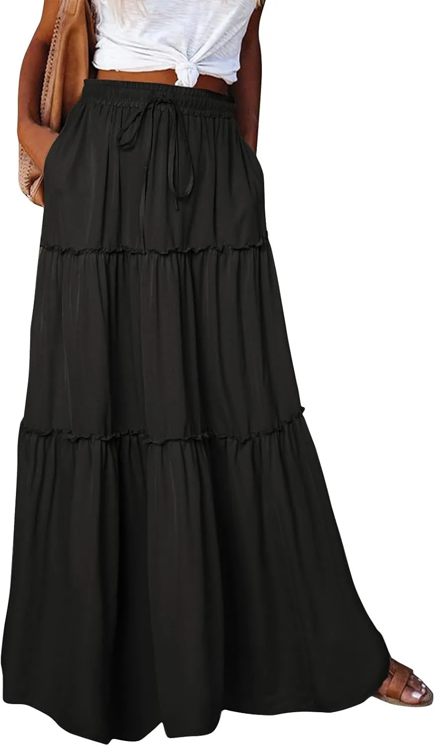 Long Skirts for Women A Line Ruffle Tiered Pleated Flowy Maxi Skirt with Pockets Casual High Waisted Modest Skirts