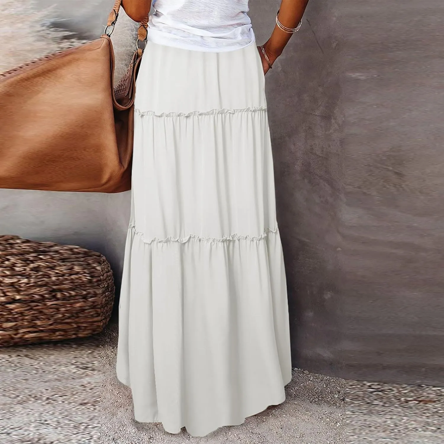 Long Skirts for Women Elegant Summer Boho Skirt Flowy Tiered Ruffle A Line Skirt Smocked Elastic Tie Waist Skirts