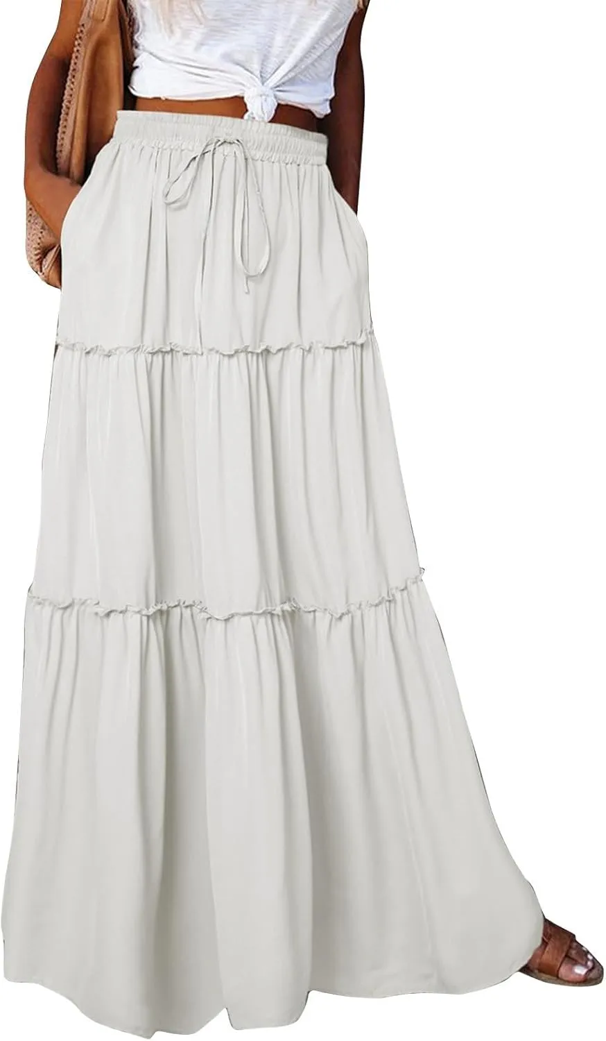 Long Skirts for Women Elegant Summer Boho Skirt Flowy Tiered Ruffle A Line Skirt Smocked Elastic Tie Waist Skirts