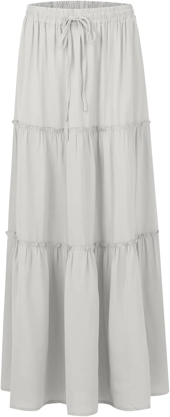 Long Skirts for Women Elegant Summer Boho Skirt Flowy Tiered Ruffle A Line Skirt Smocked Elastic Tie Waist Skirts