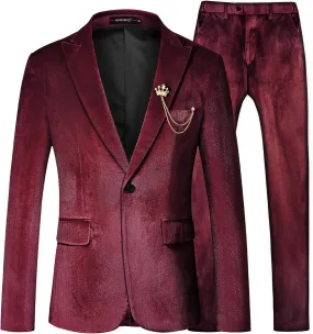 MAGE MALE Men's 2 Piece Velvet Suit One Button Tuxedo Slim Fit Luxurious Blazer Party Dinner Jacket & Pants