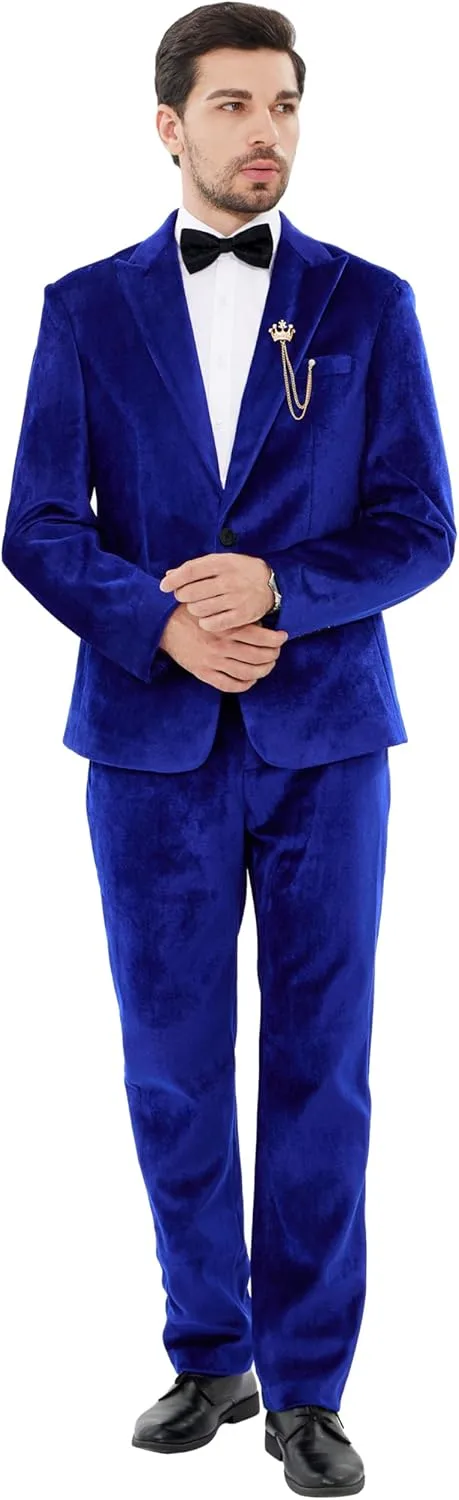 MAGE MALE Men's 2 Piece Velvet Suit One Button Tuxedo Slim Fit Luxurious Blazer Party Dinner Jacket & Pants