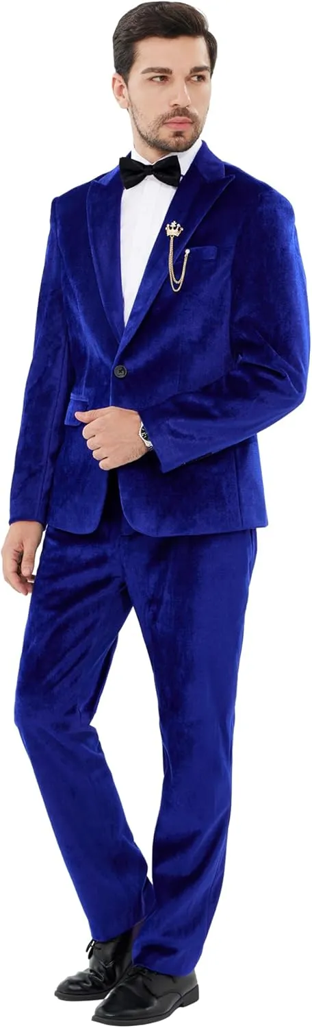 MAGE MALE Men's 2 Piece Velvet Suit One Button Tuxedo Slim Fit Luxurious Blazer Party Dinner Jacket & Pants