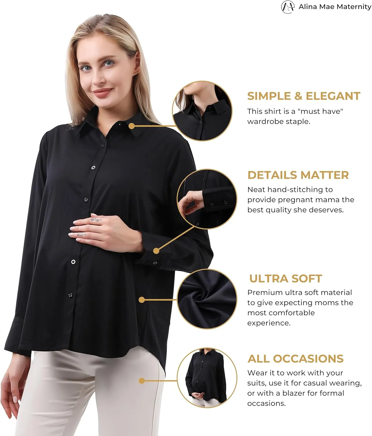 Maternity Button Down Shirt Long Sleeve Formal Blouse for Work Pregnant Dress Top