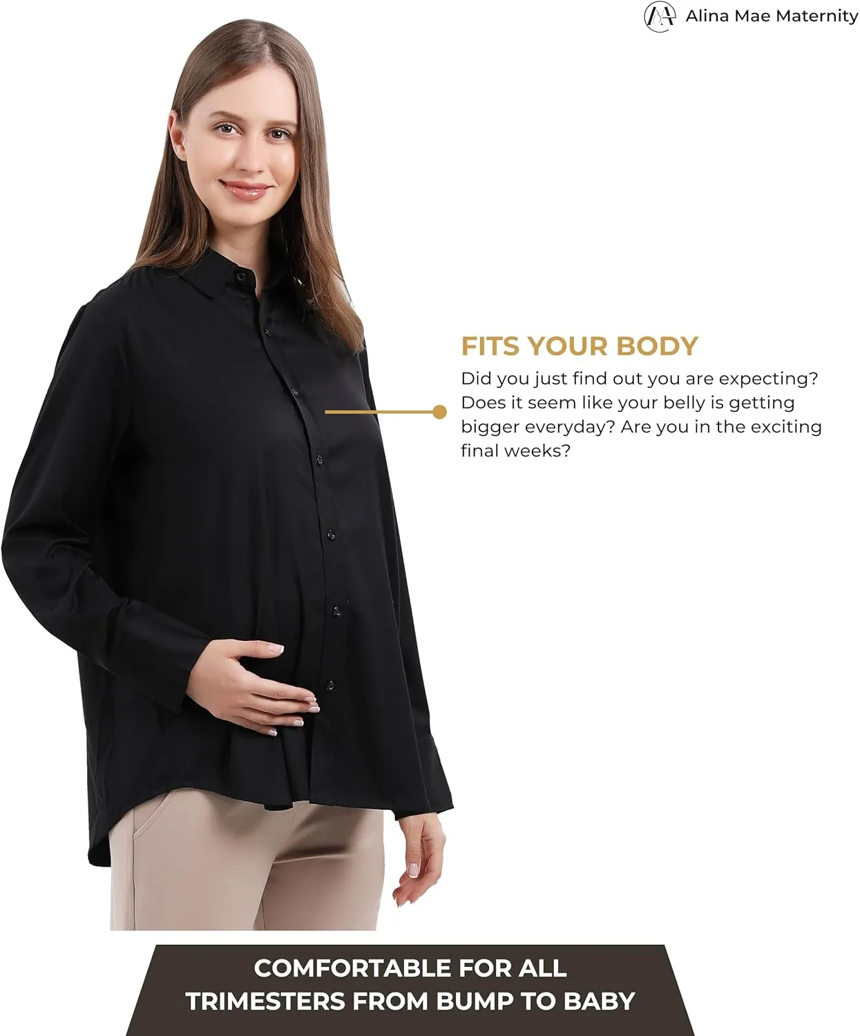 Maternity Button Down Shirt Long Sleeve Formal Blouse for Work Pregnant Dress Top