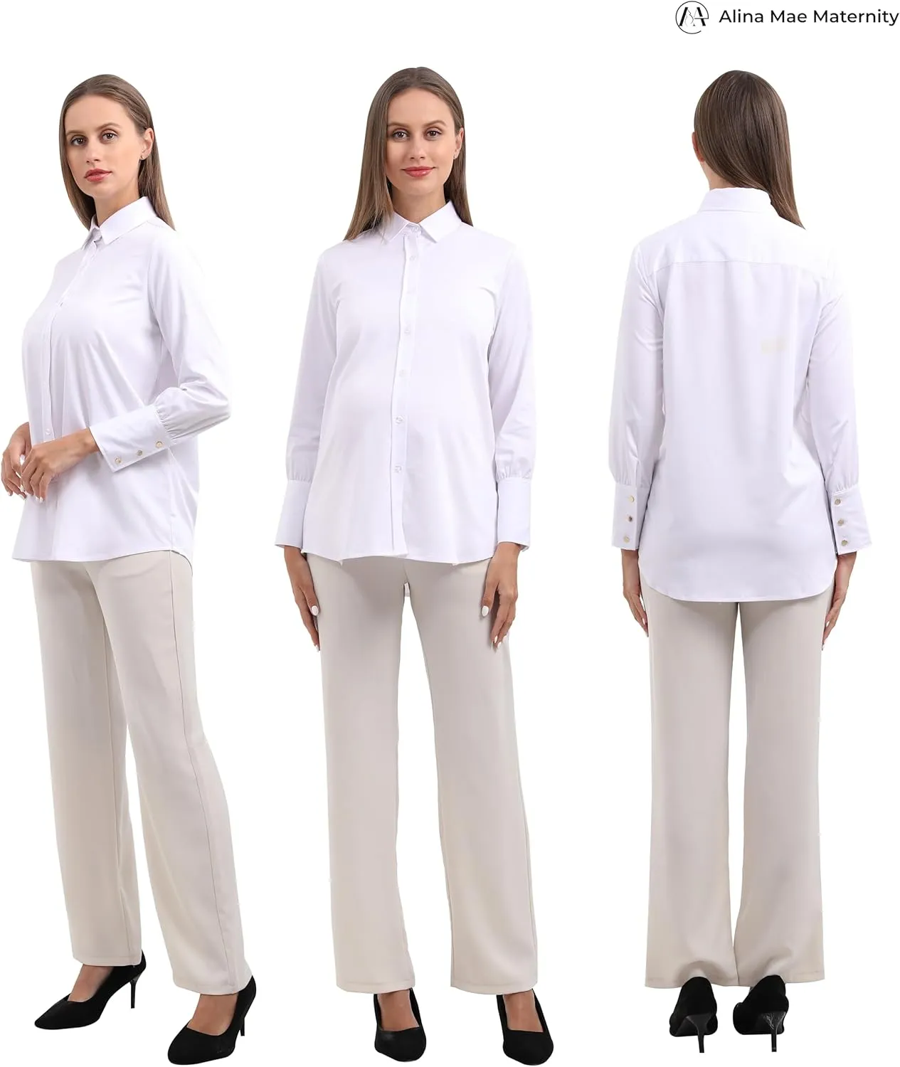 Maternity Button Down Shirt Long Sleeve Formal Blouse for Work Pregnant Dress Top