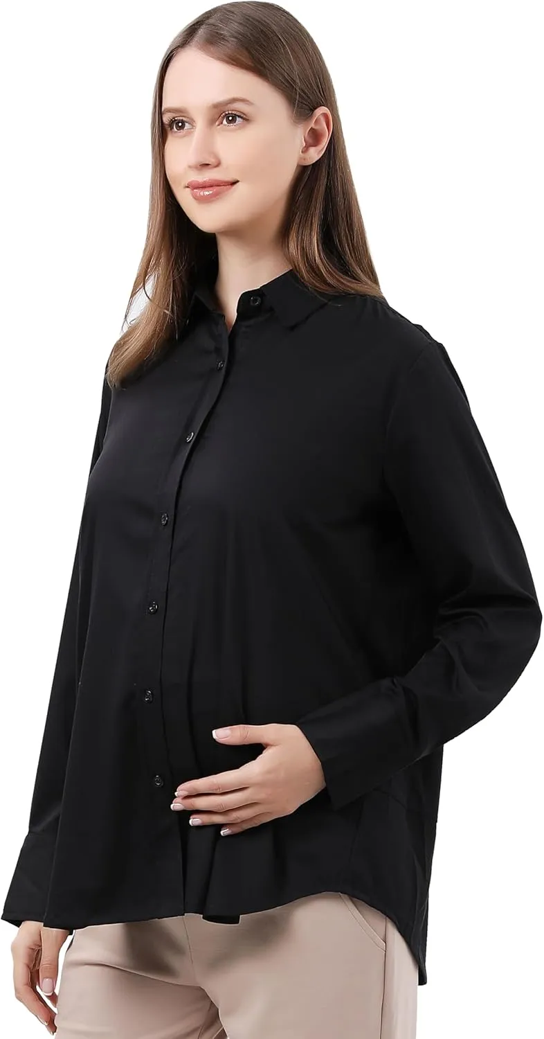 Maternity Button Down Shirt Long Sleeve Formal Blouse for Work Pregnant Dress Top