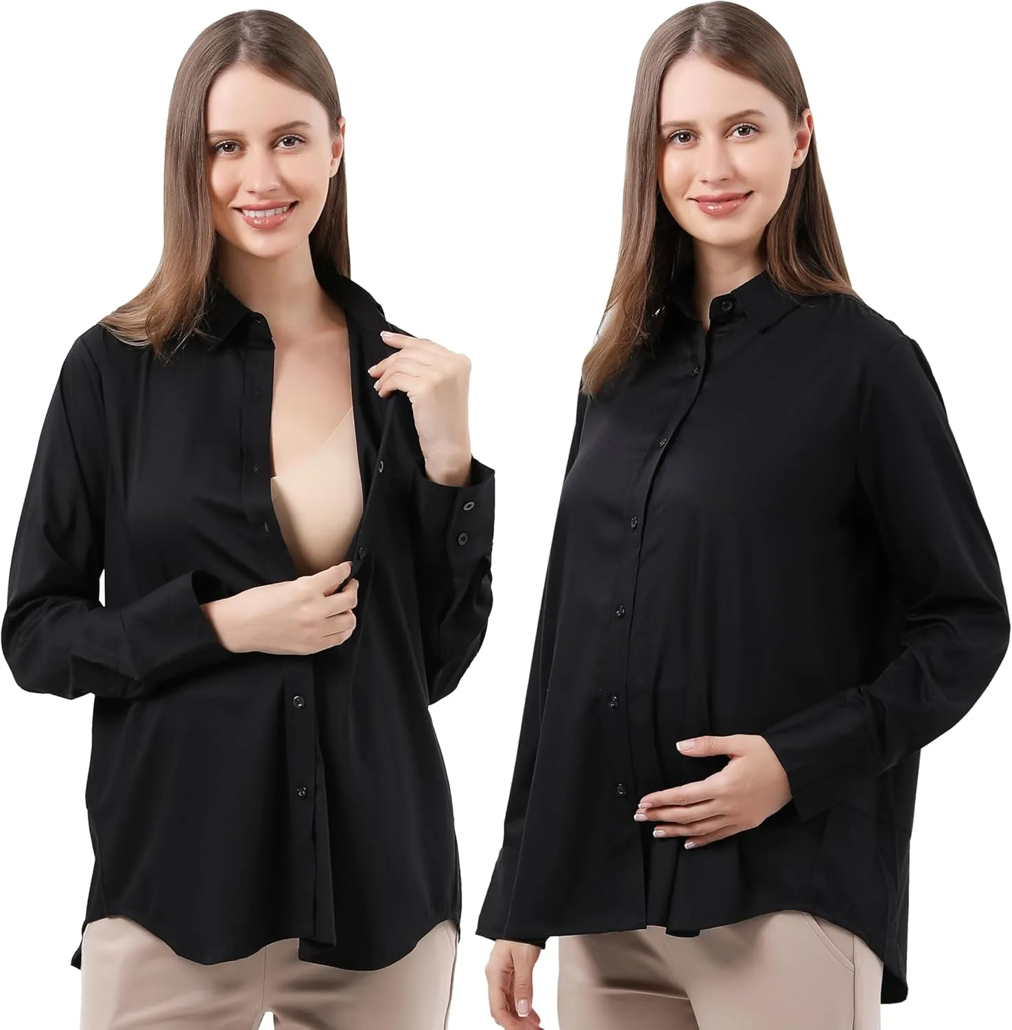 Maternity Button Down Shirt Long Sleeve Formal Blouse for Work Pregnant Dress Top