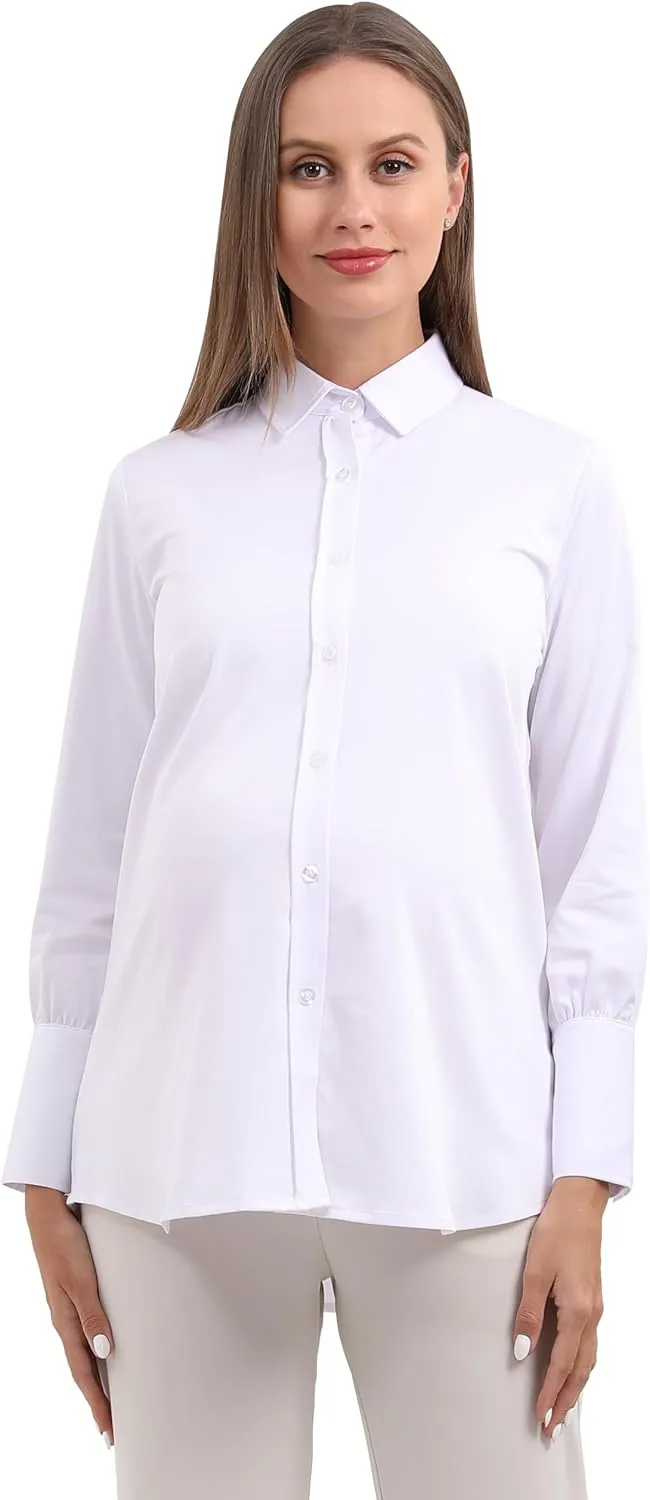 Maternity Button Down Shirt Long Sleeve Formal Blouse for Work Pregnant Dress Top