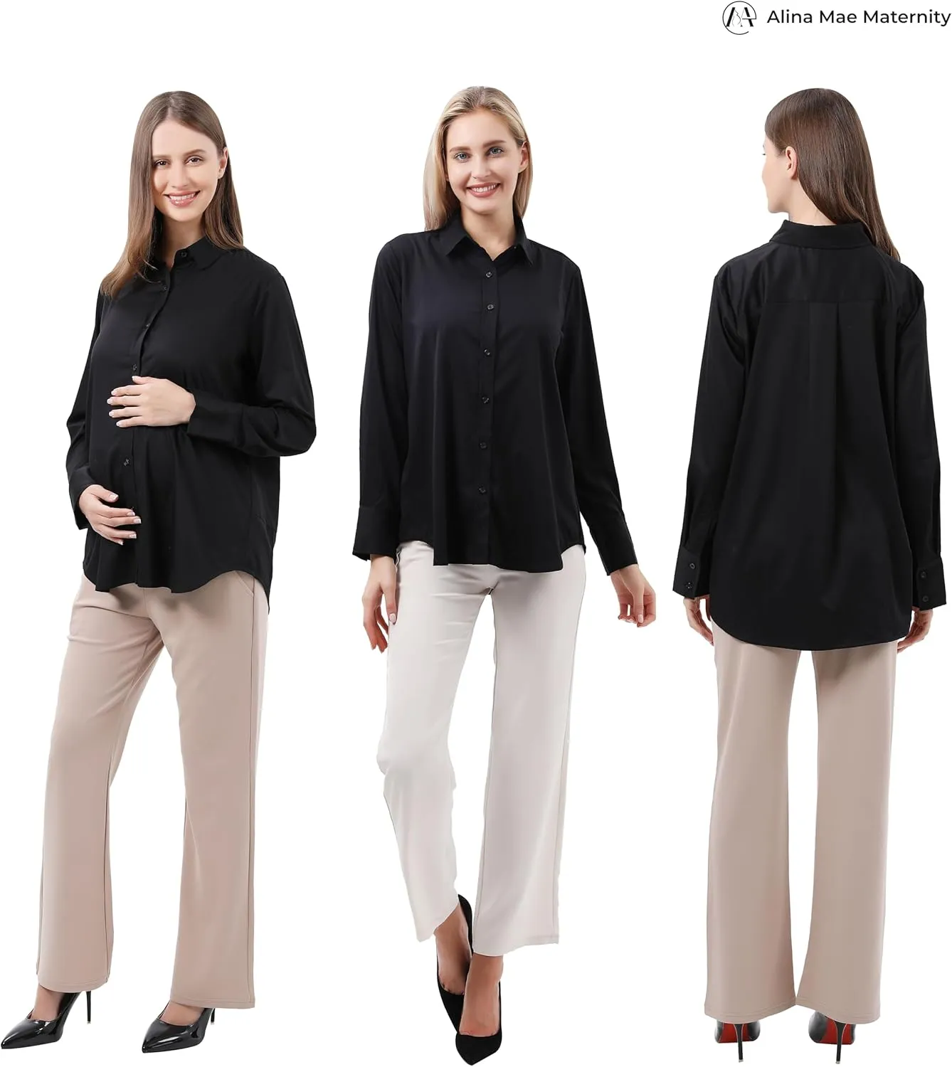 Maternity Button Down Shirt Long Sleeve Formal Blouse for Work Pregnant Dress Top