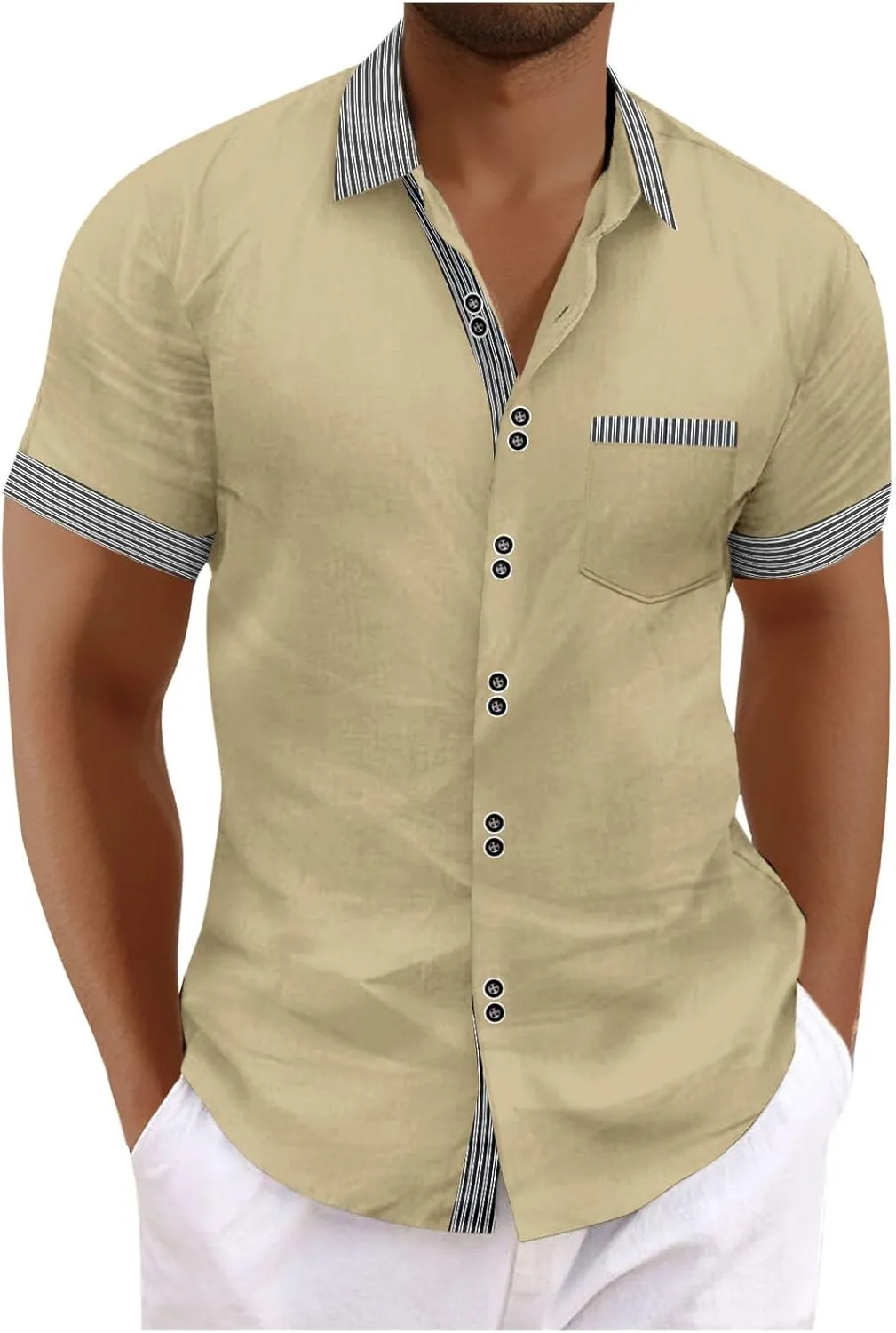 Men Linen Shirt Striped Button Down Shirts Casual Summer Vacation Tee 2025 Cotton Beach Fashion Short Sleeve Tops