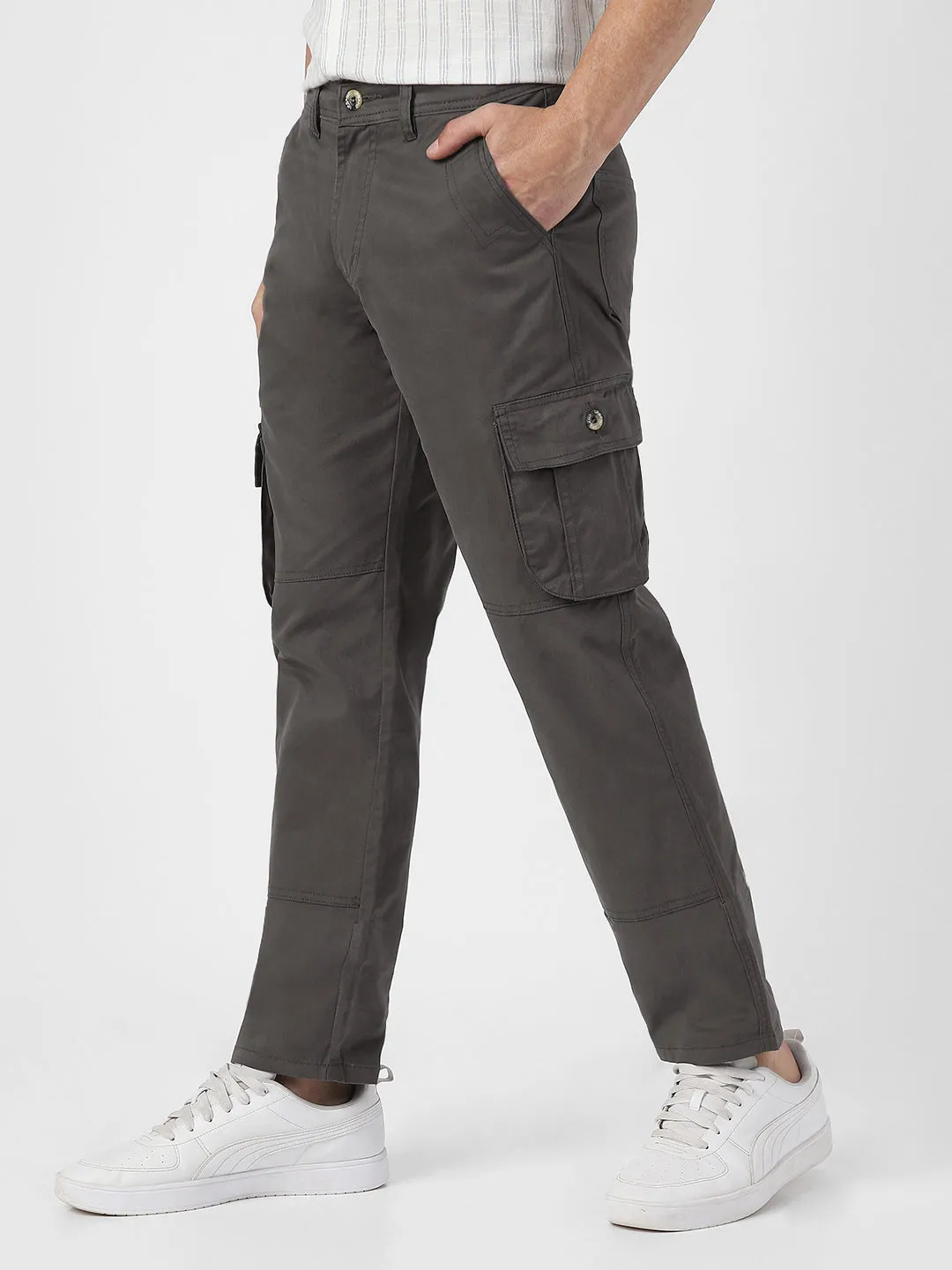 Men's Dark Grey Regular Fit Solid Cargo Chino Pant with 6 Pockets