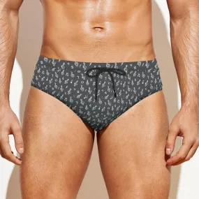 Men's Swim Briefs, Dark Grey Speedo, Music Print Swim Brief, Dark Grey Swim Brief
