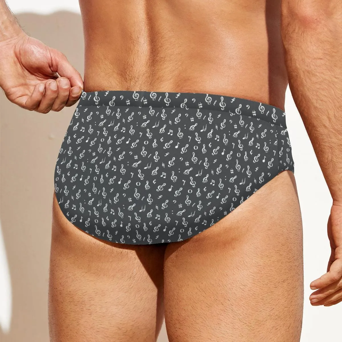 Men's Swim Briefs, Dark Grey Speedo, Music Print Swim Brief, Dark Grey Swim Brief