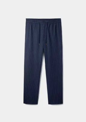 Navy Pinstripe Wool Drawstring Trousers