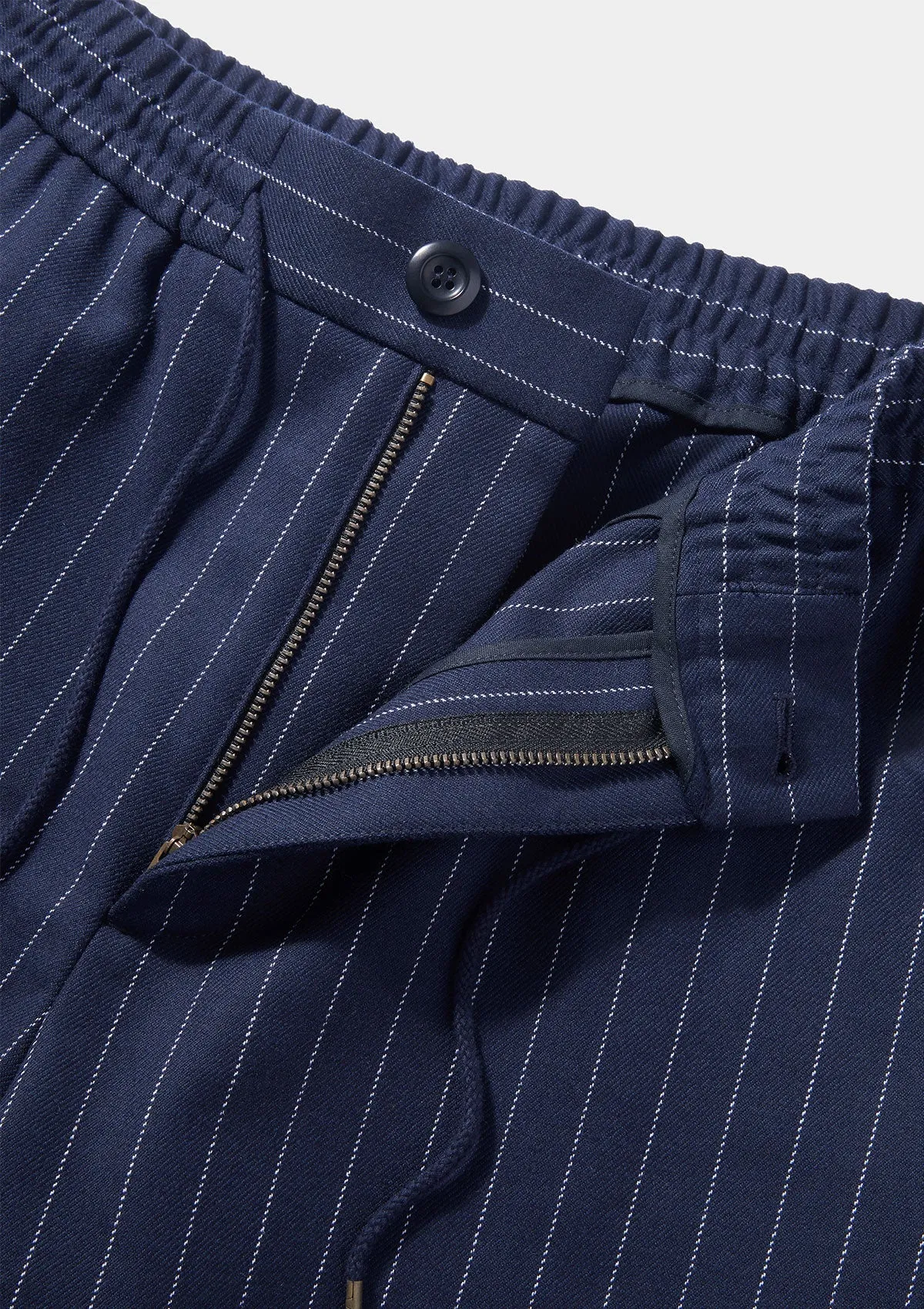 Navy Pinstripe Wool Drawstring Trousers