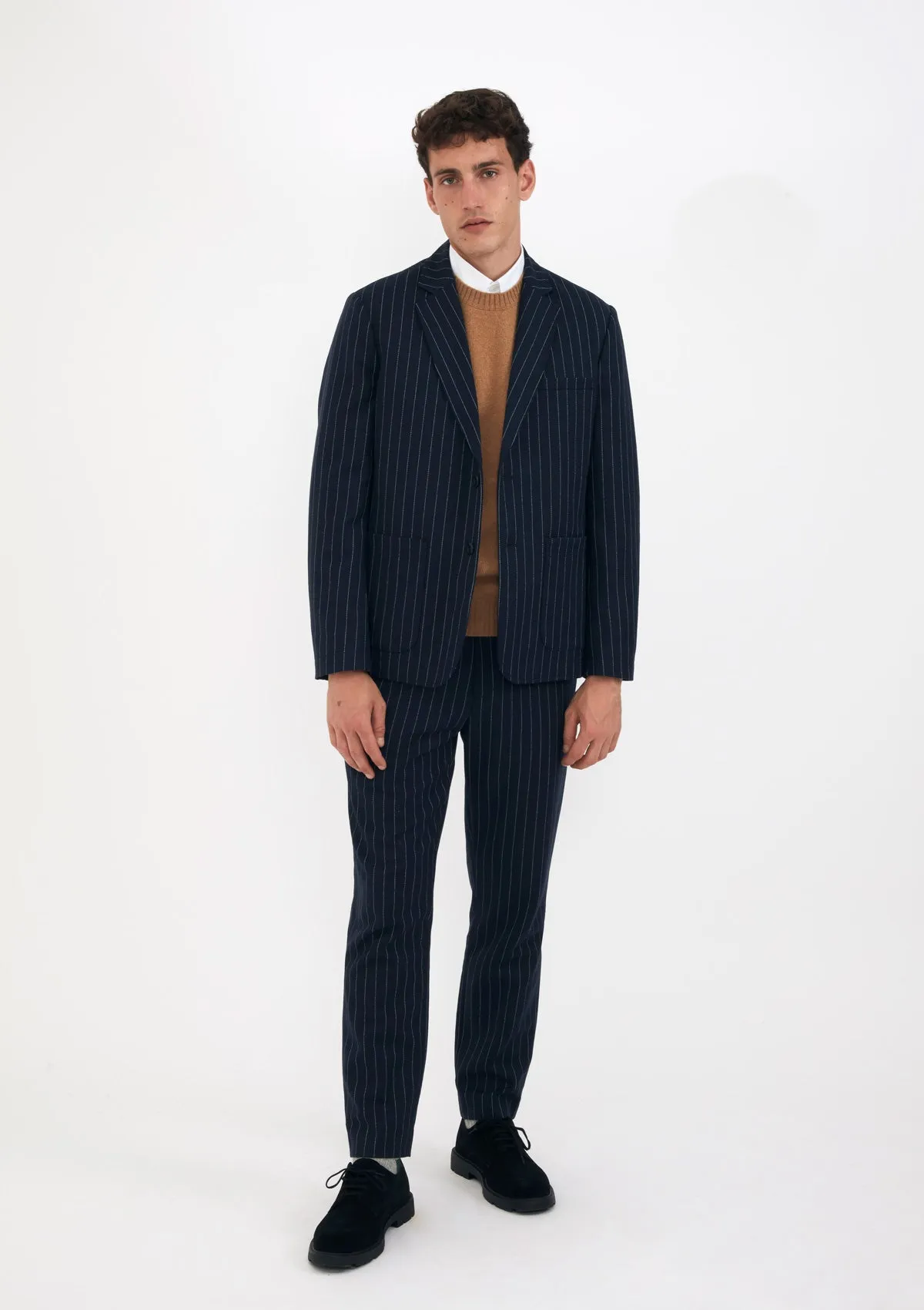 Navy Pinstripe Wool Drawstring Trousers