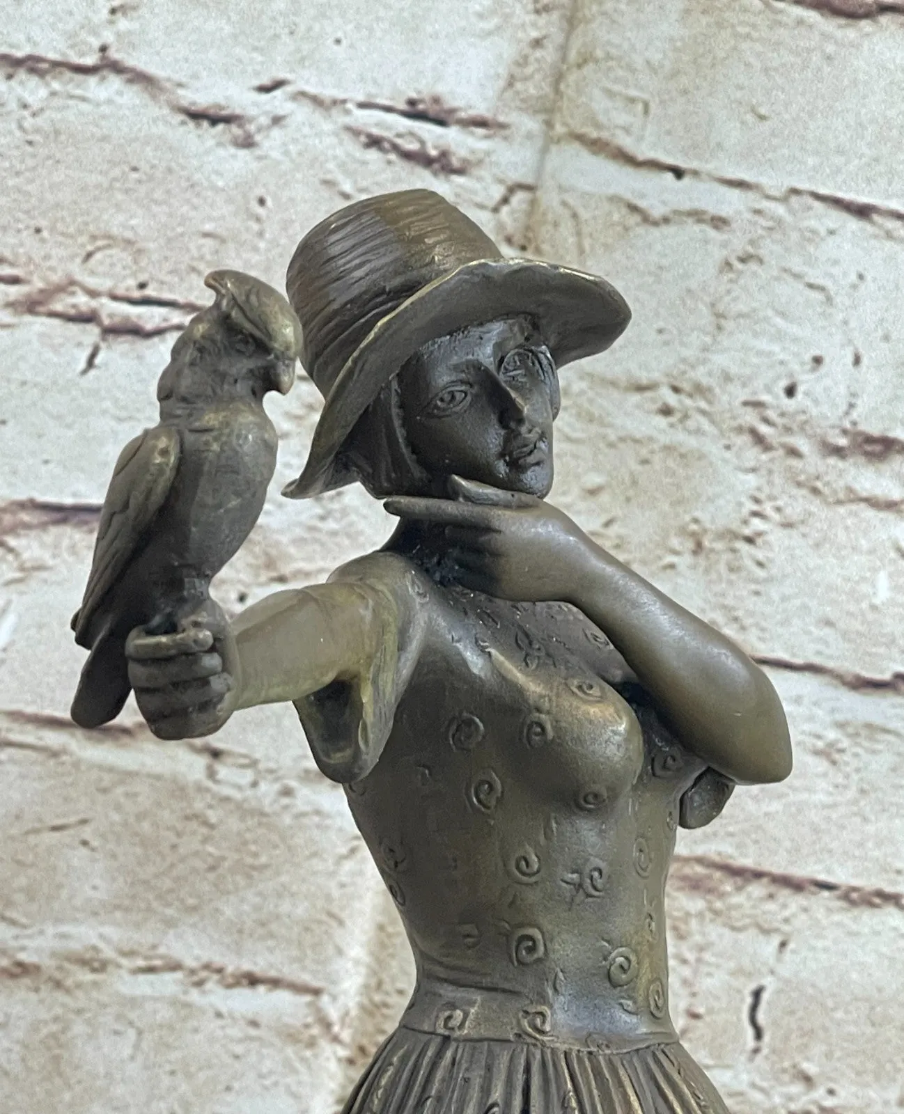 Nice Bronze Sculpture Lady with Bird Signed Original Gift Deco Hot Cast Figurine