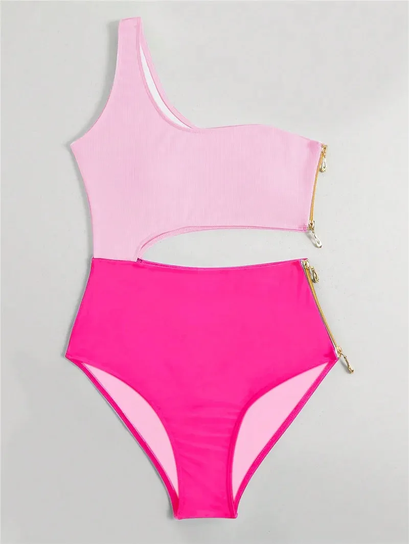 One Shoulder Cut Out Zipper Swimwear