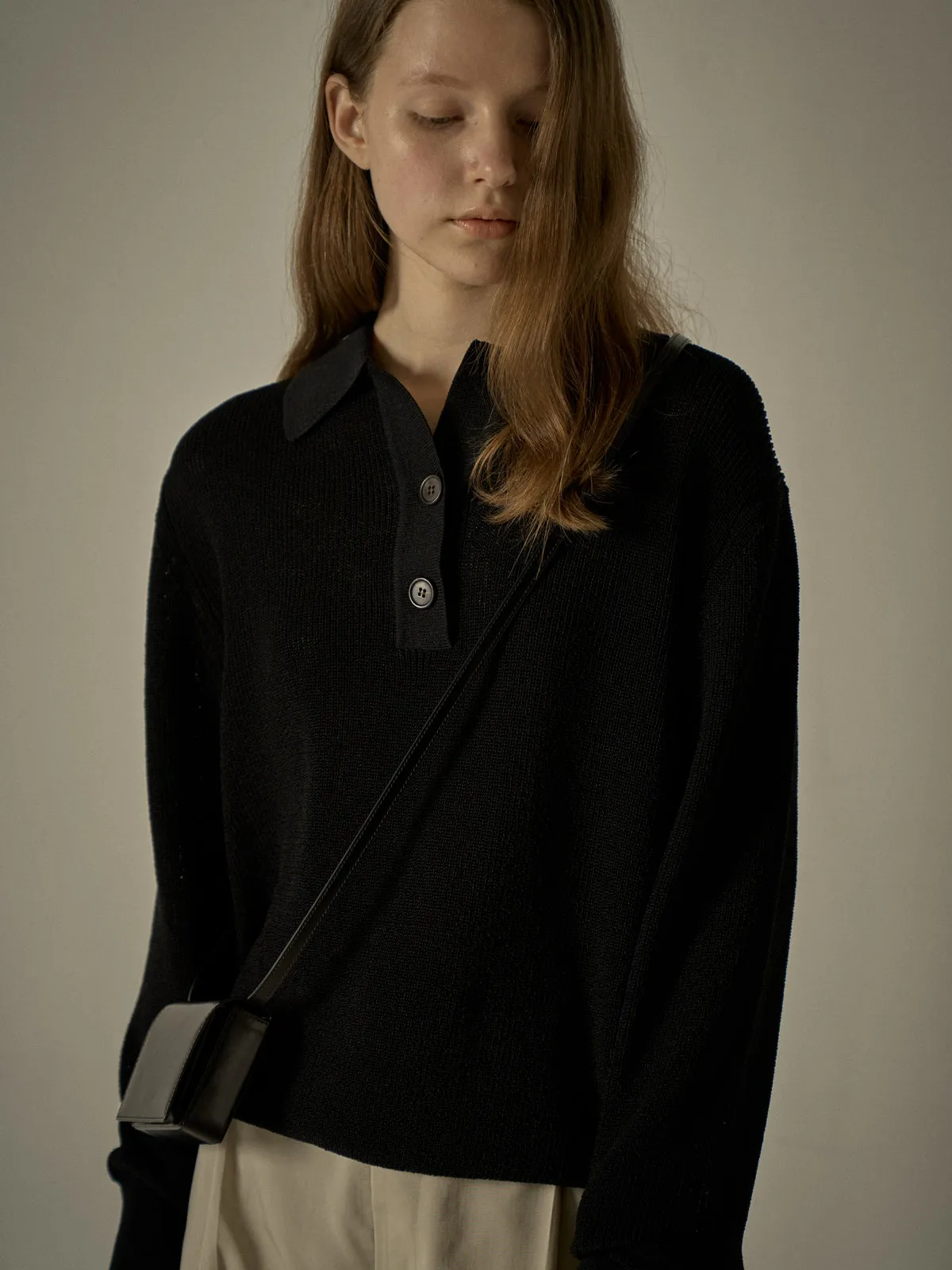 Open Collar Polo Shirt - Black