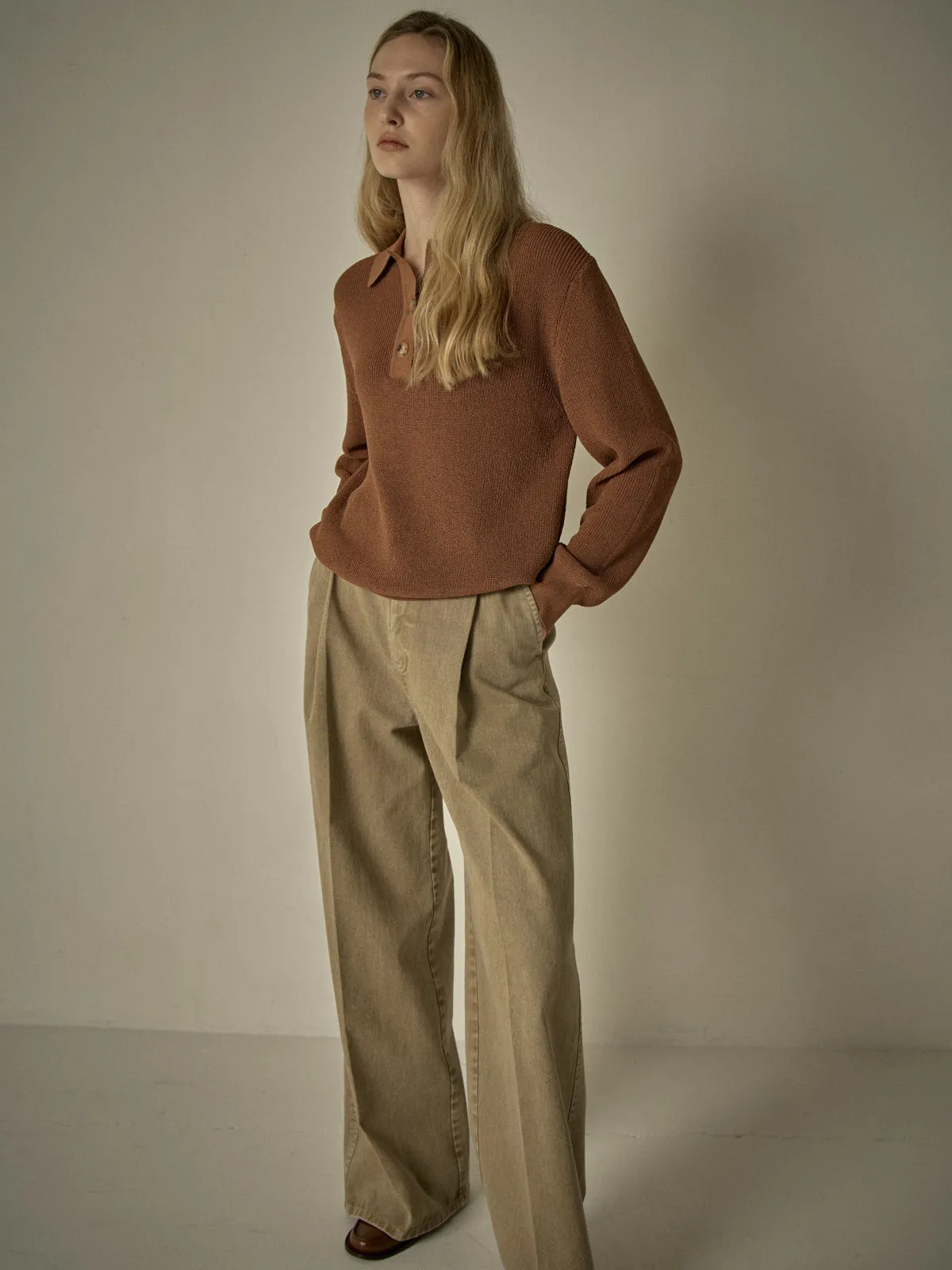 Open Collar Polo Shirt - Cinnamon Brown