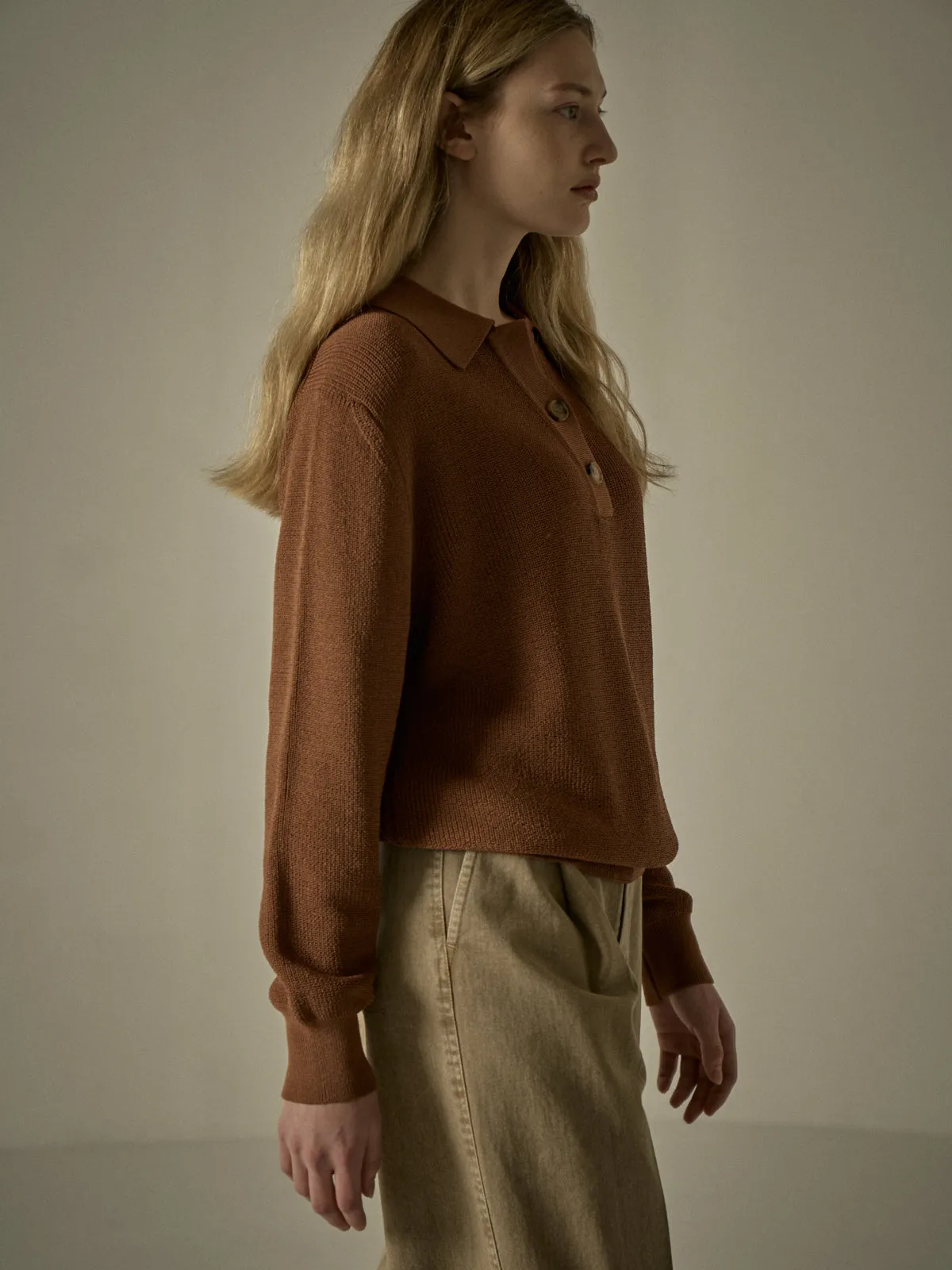 Open Collar Polo Shirt - Cinnamon Brown