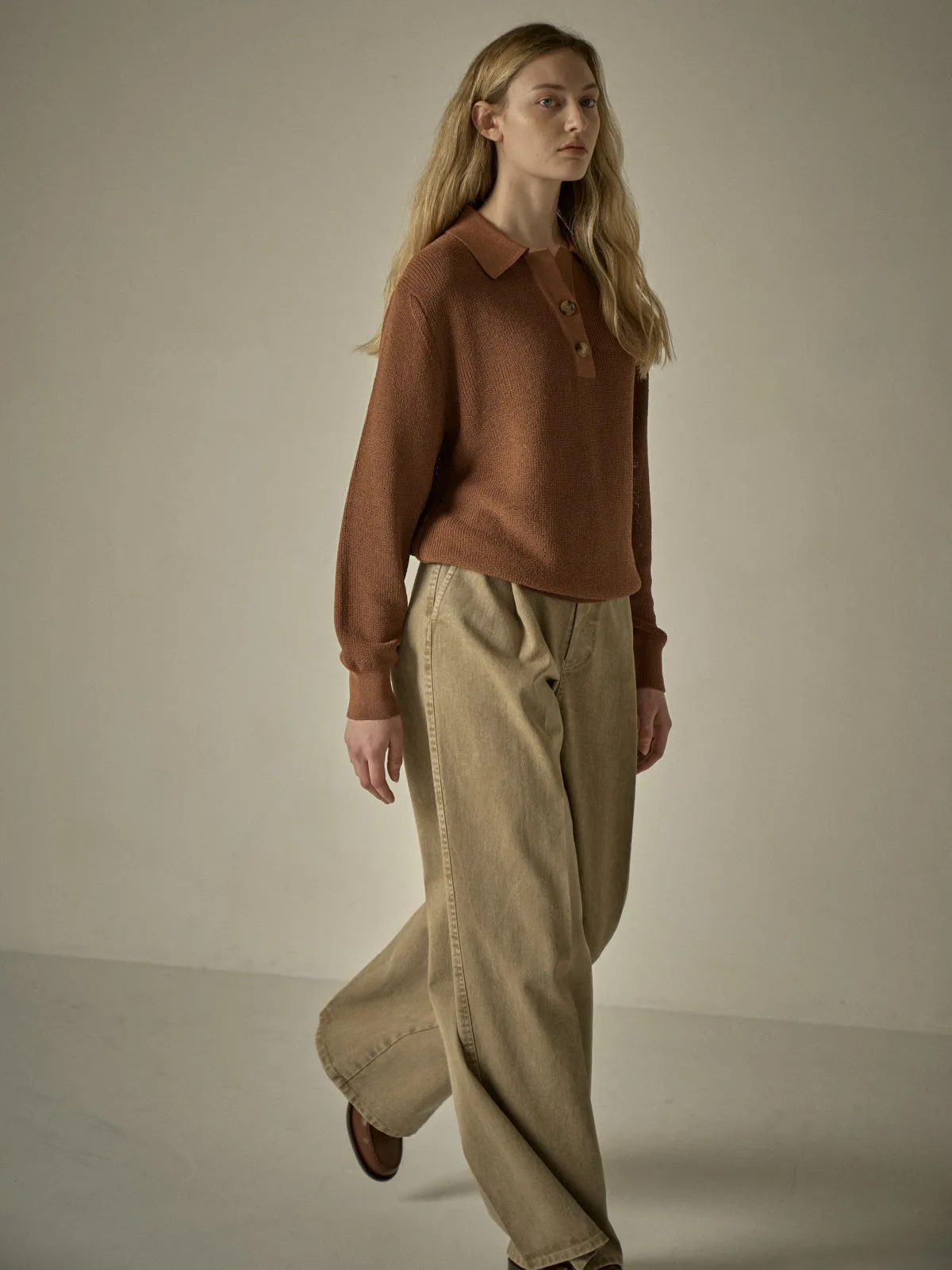 Open Collar Polo Shirt - Cinnamon Brown