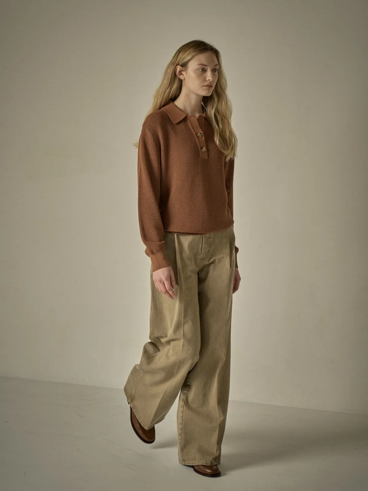 Open Collar Polo Shirt - Cinnamon Brown