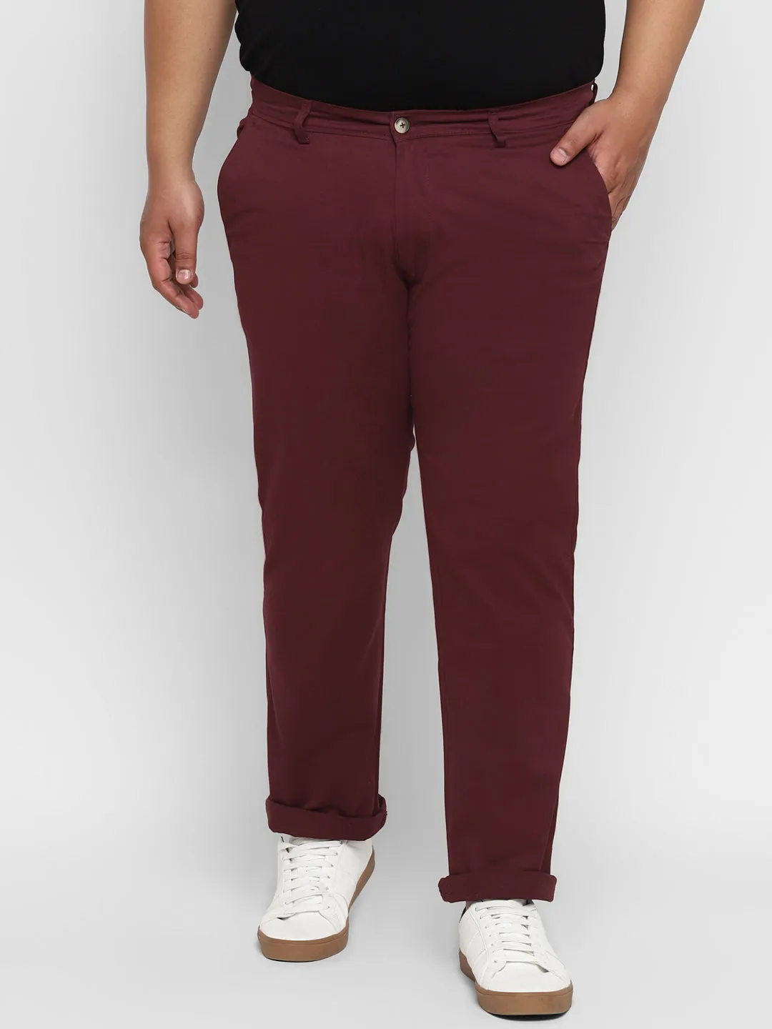 Plus Men's Dark Maroon Cotton Regular Fit Casual Chino Pants Stretch