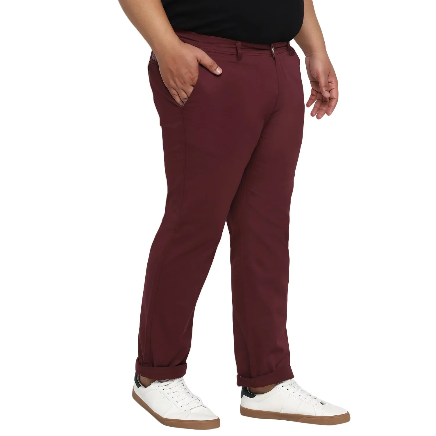 Plus Men's Dark Maroon Cotton Regular Fit Casual Chino Pants Stretch