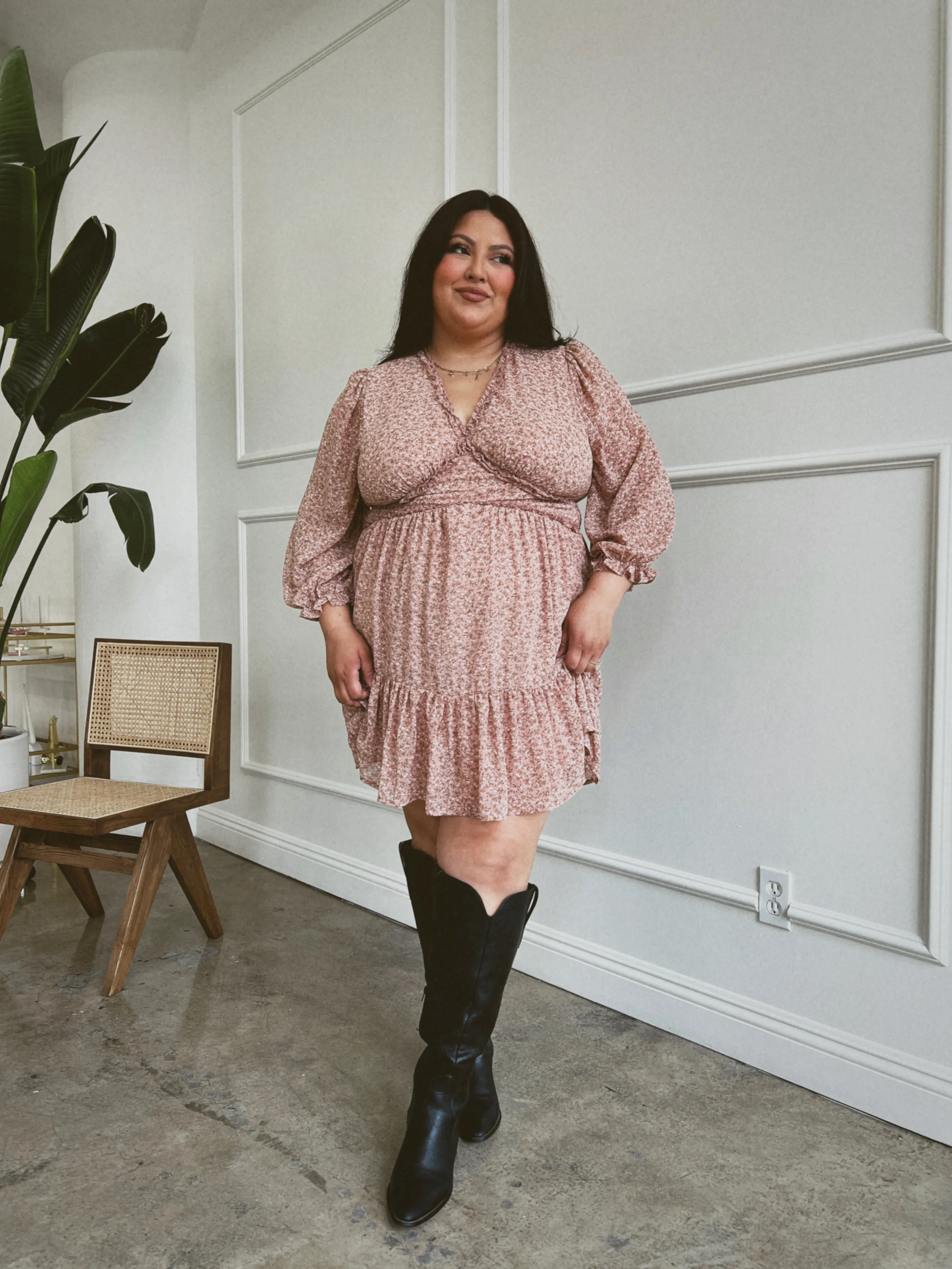 Plus Size Long Sleeve Chiffon Floral Dress
