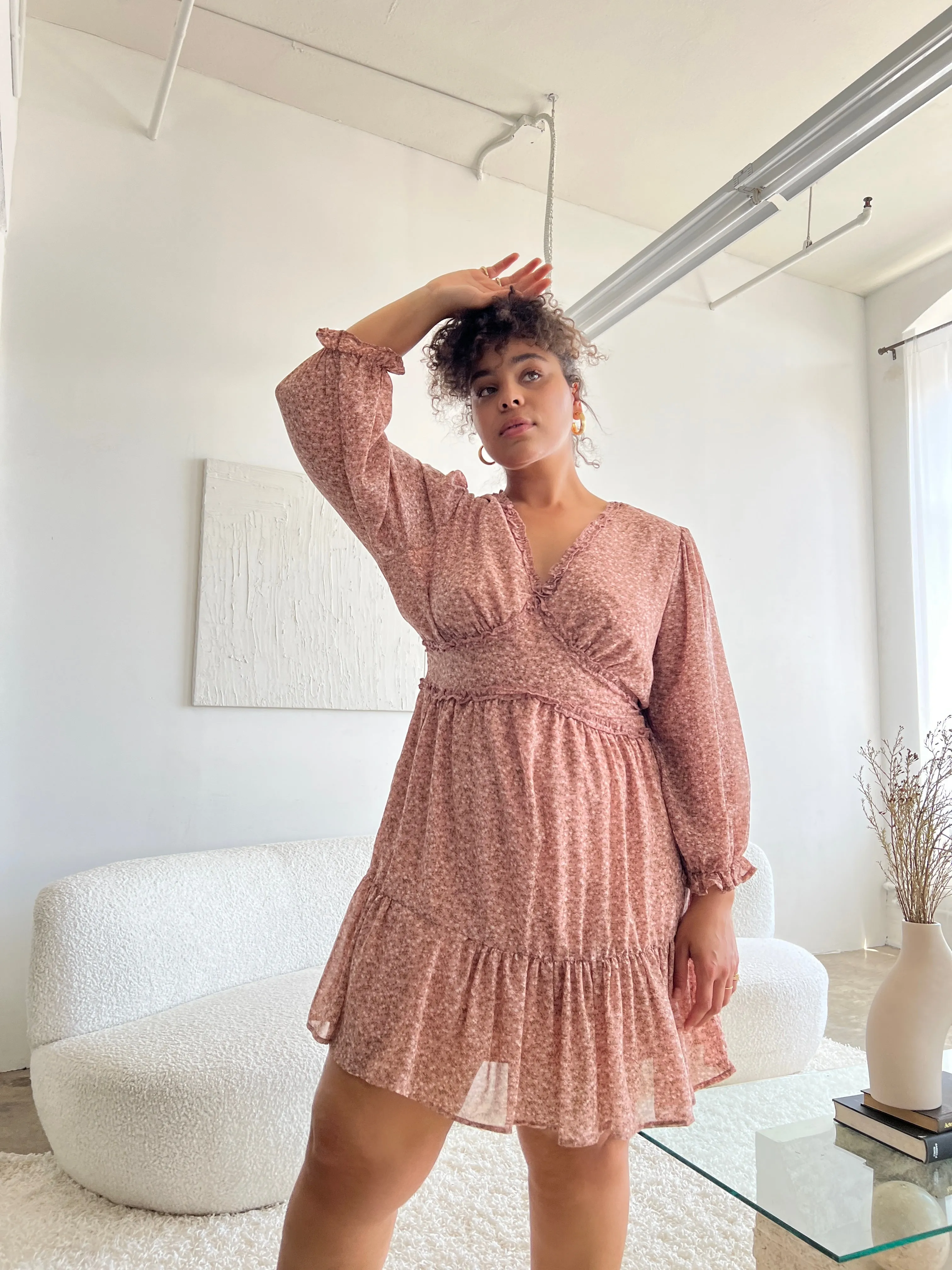 Plus Size Long Sleeve Chiffon Floral Dress