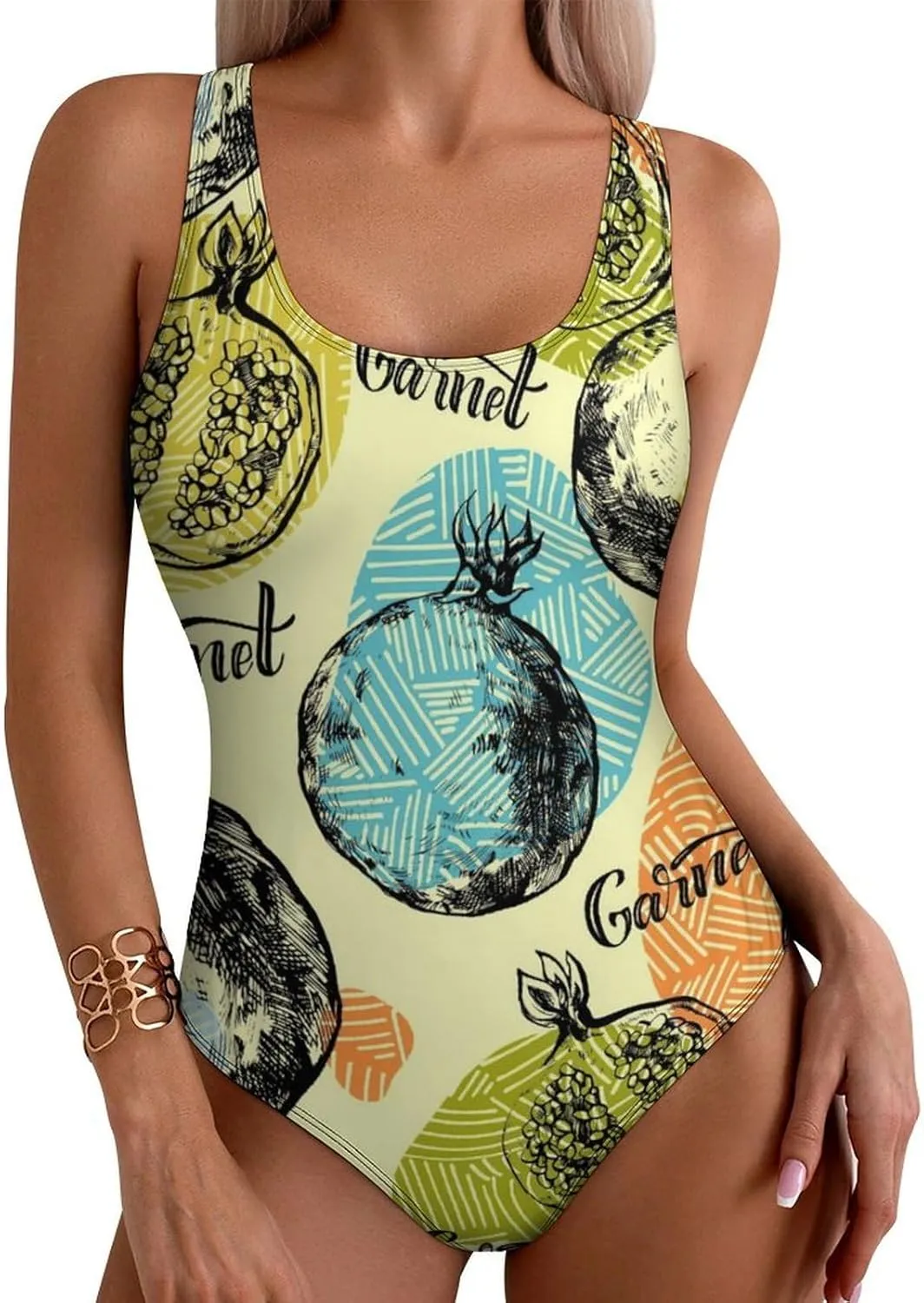 Pomegranate Lady One Piece Swimsuits Backless Scoop Neck Trendy Tummy Control Bathing Suits