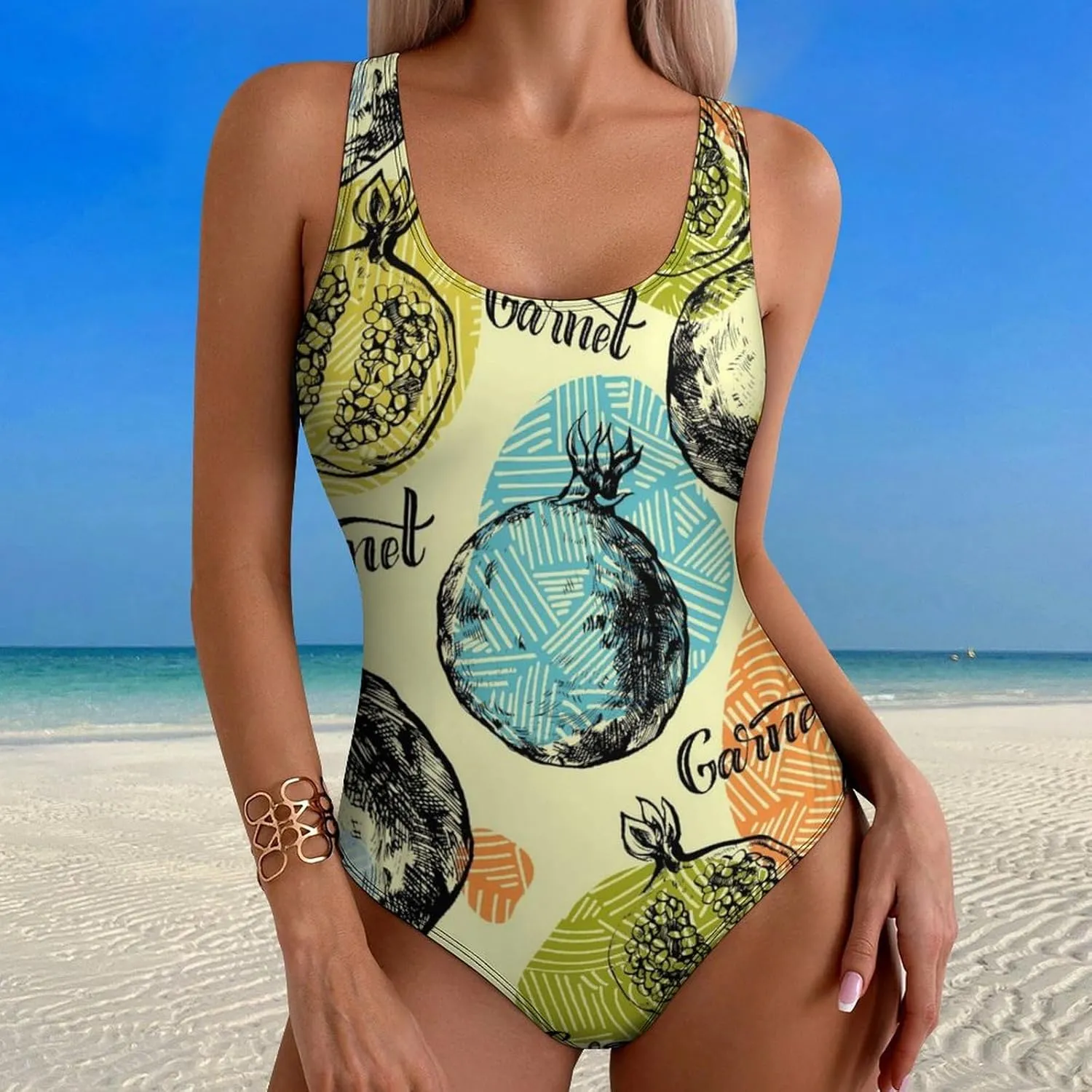 Pomegranate Lady One Piece Swimsuits Backless Scoop Neck Trendy Tummy Control Bathing Suits