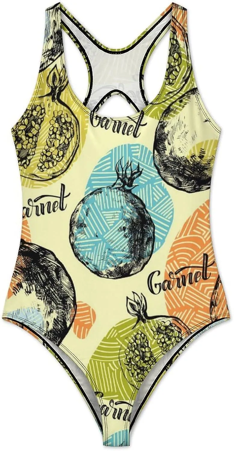 Pomegranate Lady One Piece Swimsuits Backless Scoop Neck Trendy Tummy Control Bathing Suits
