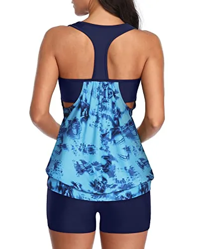 Racerback Sporty Tankini Tops For Women Modest Coverage-Blue Tie Dye