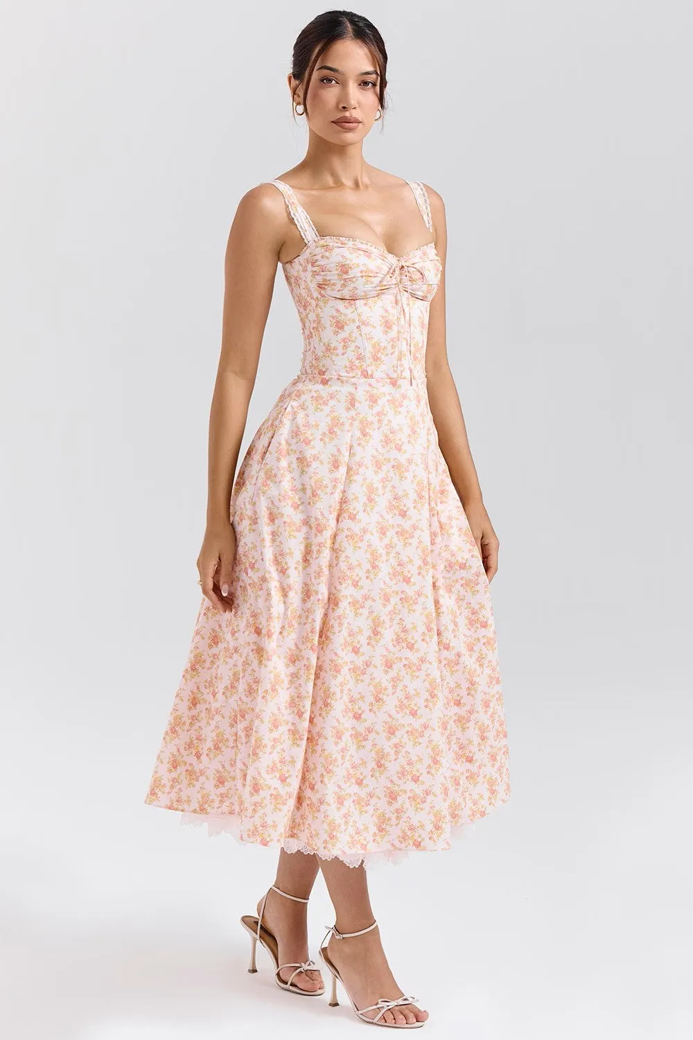 Rosalee Peach Poppy Print Bustier Sundress
