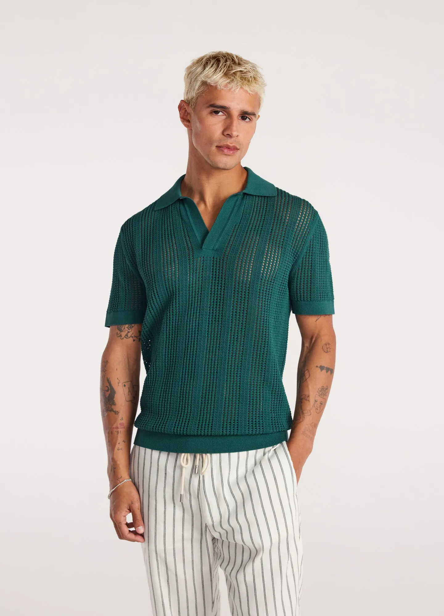 Self Stripe Mesh Knit Polo Jade