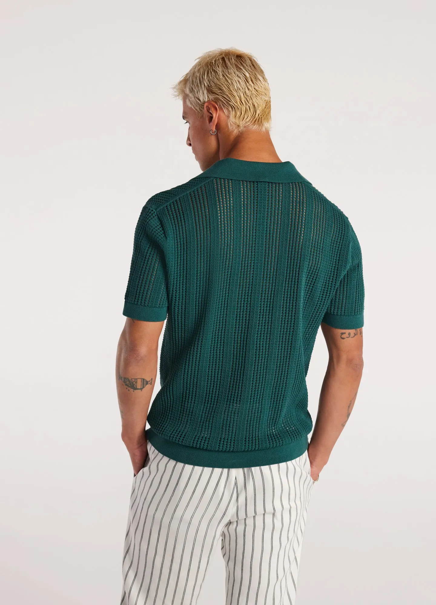 Self Stripe Mesh Knit Polo Jade