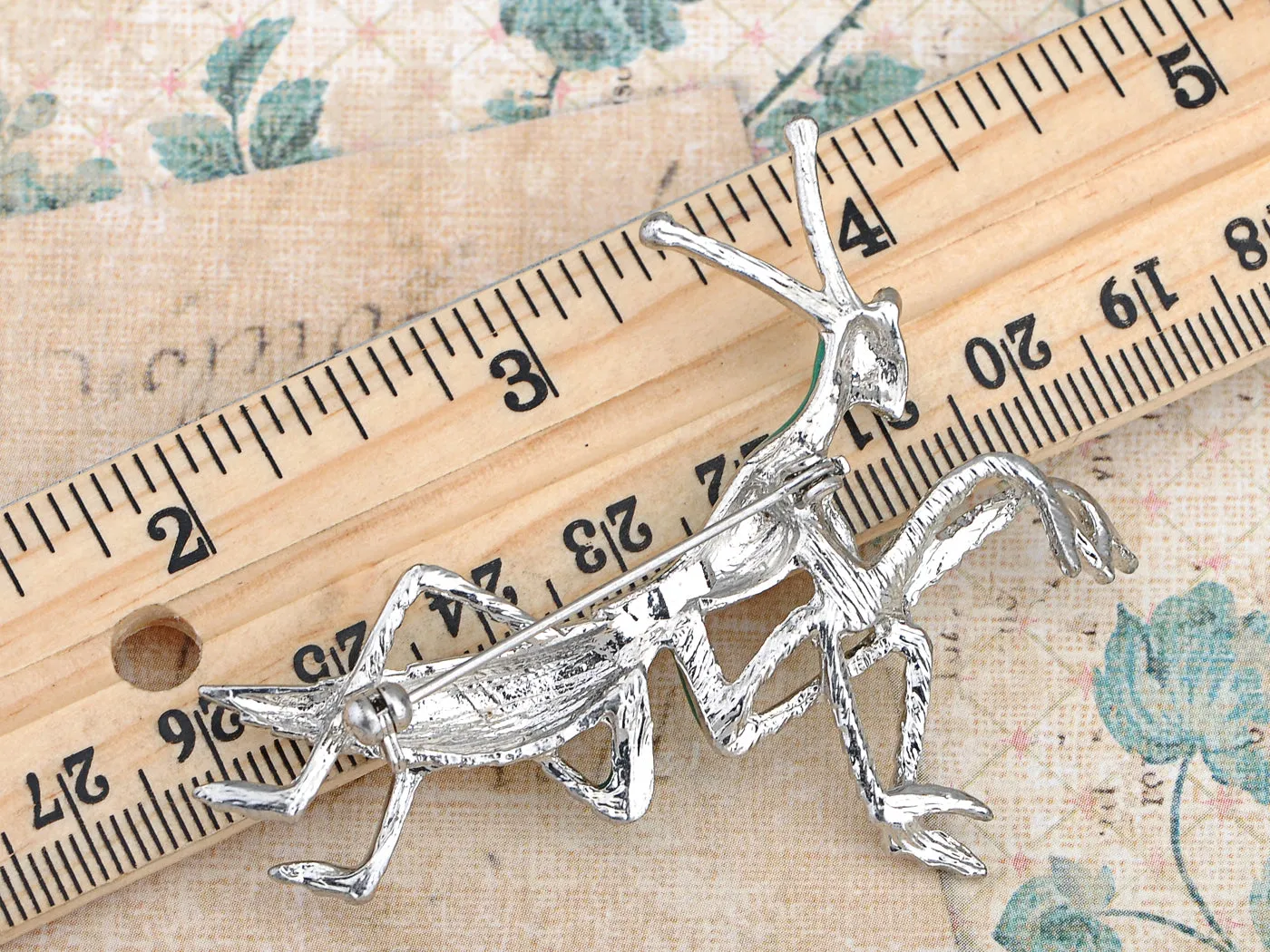 Silver Glitter Green Long Praying Mantis Insect Brooch Pin