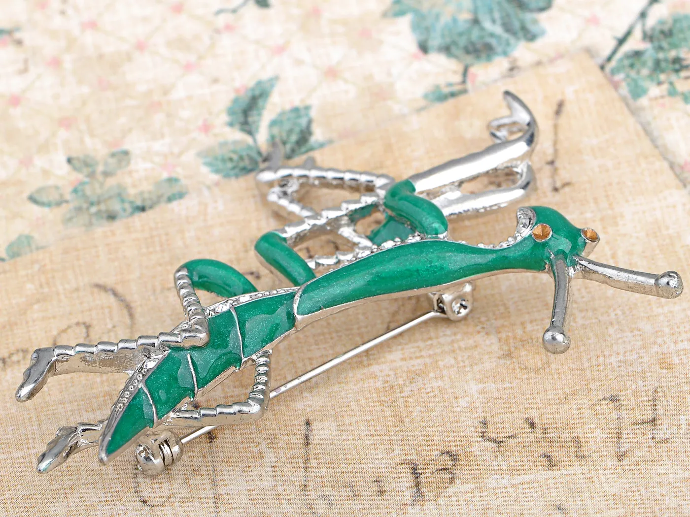 Silver Glitter Green Long Praying Mantis Insect Brooch Pin