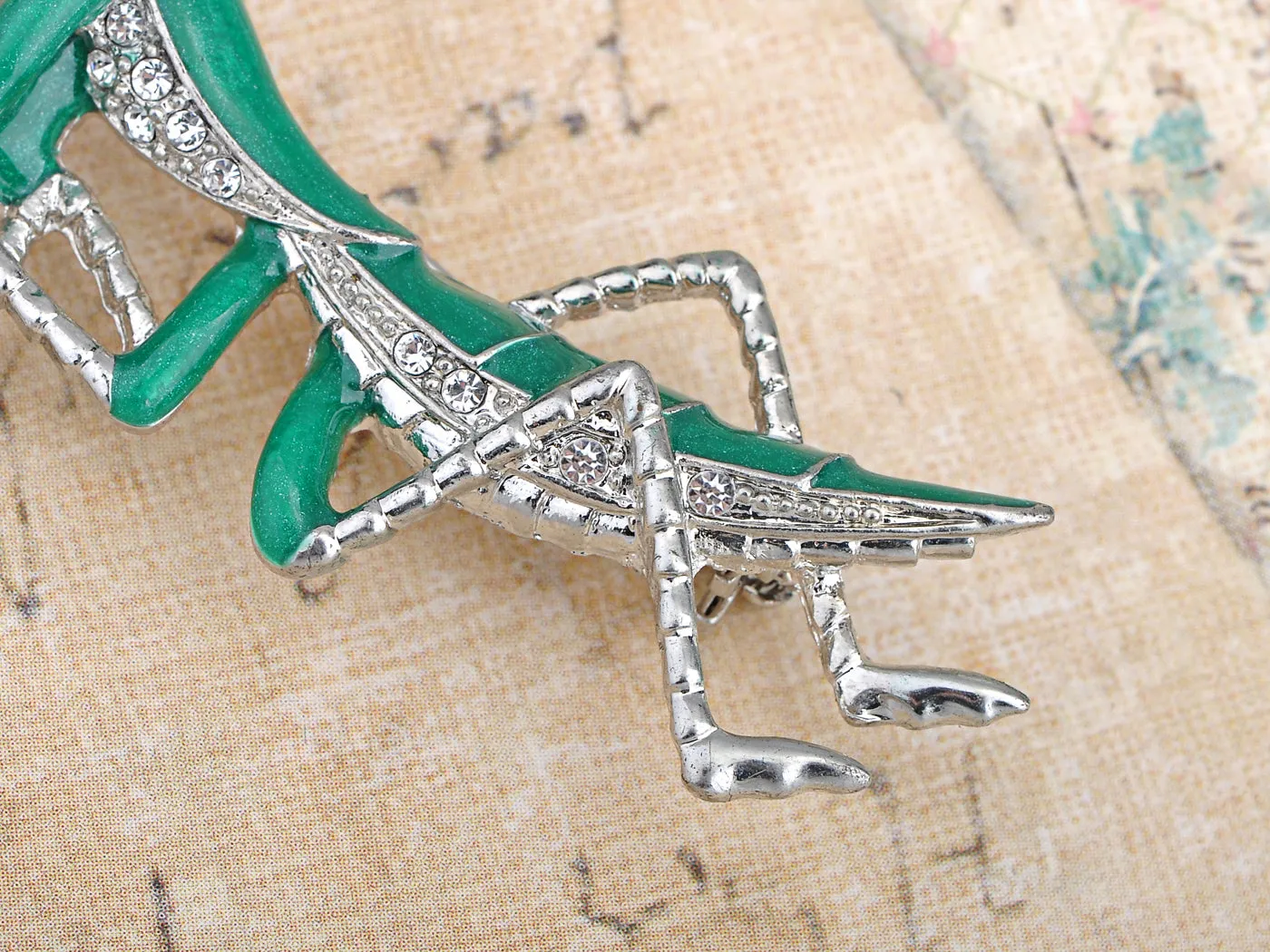 Silver Glitter Green Long Praying Mantis Insect Brooch Pin