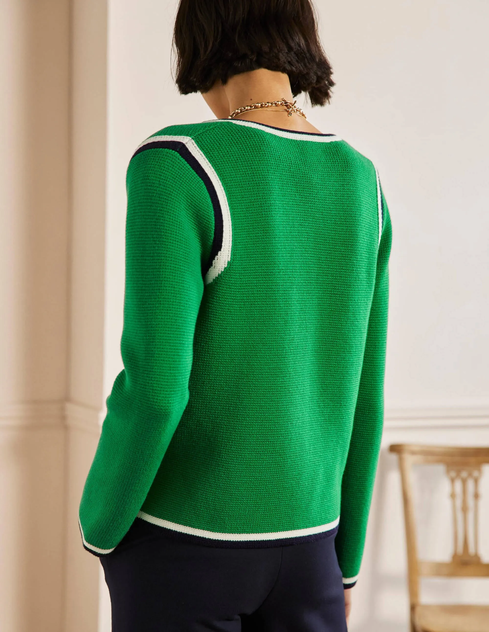 Stripe Trim Knitted Jacket-Highland Green