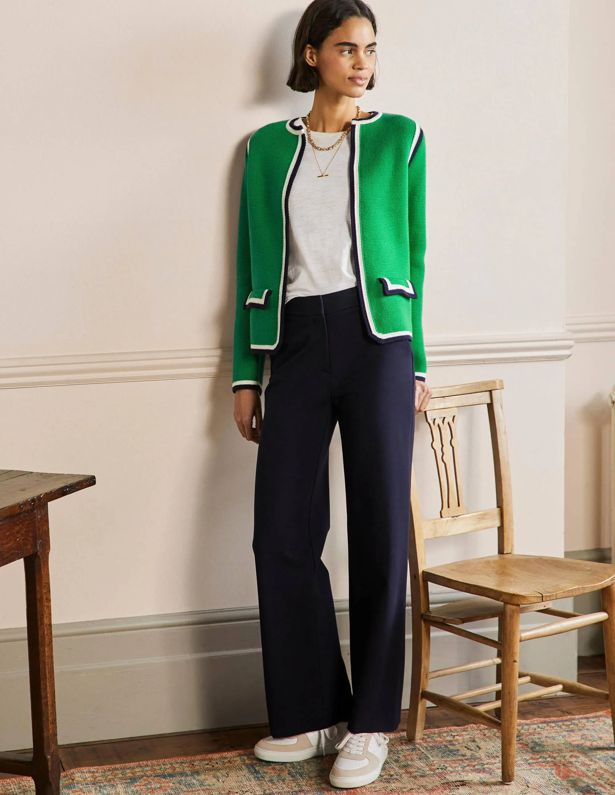 Stripe Trim Knitted Jacket-Highland Green