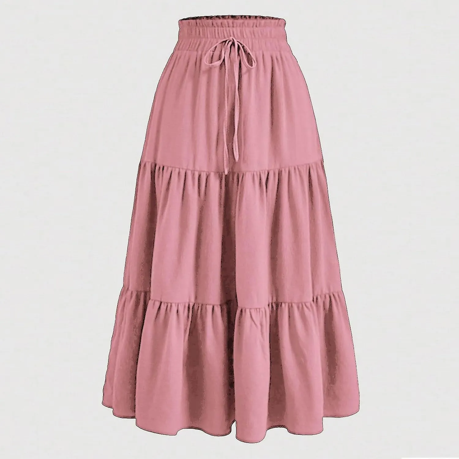 Women's Casual Skirts Summer Boho Flowy Midi Skirt A Line Pleated Long Skirts Tiered Elastic High Waisted Skirt