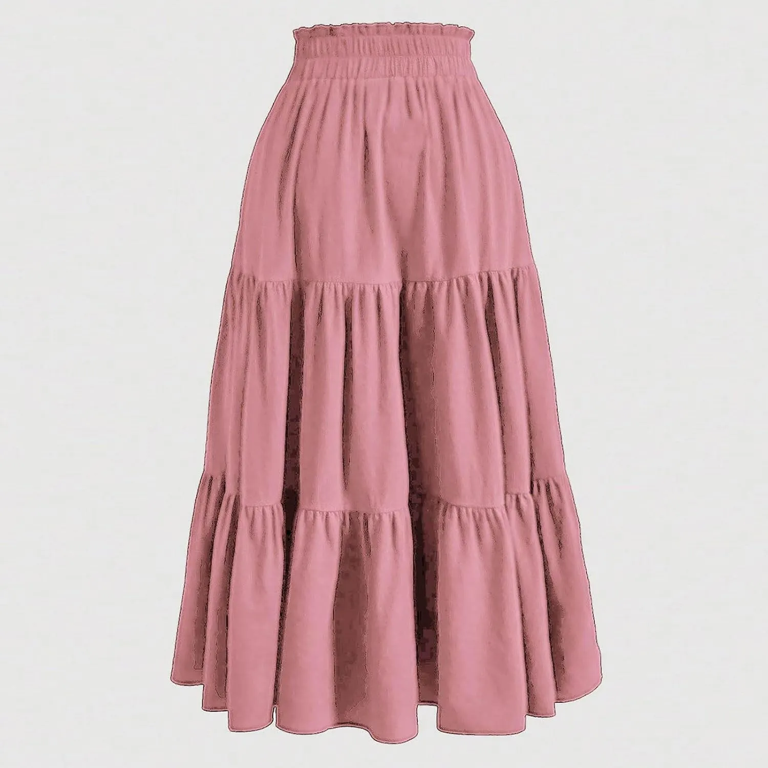 Women's Casual Skirts Summer Boho Flowy Midi Skirt A Line Pleated Long Skirts Tiered Elastic High Waisted Skirt