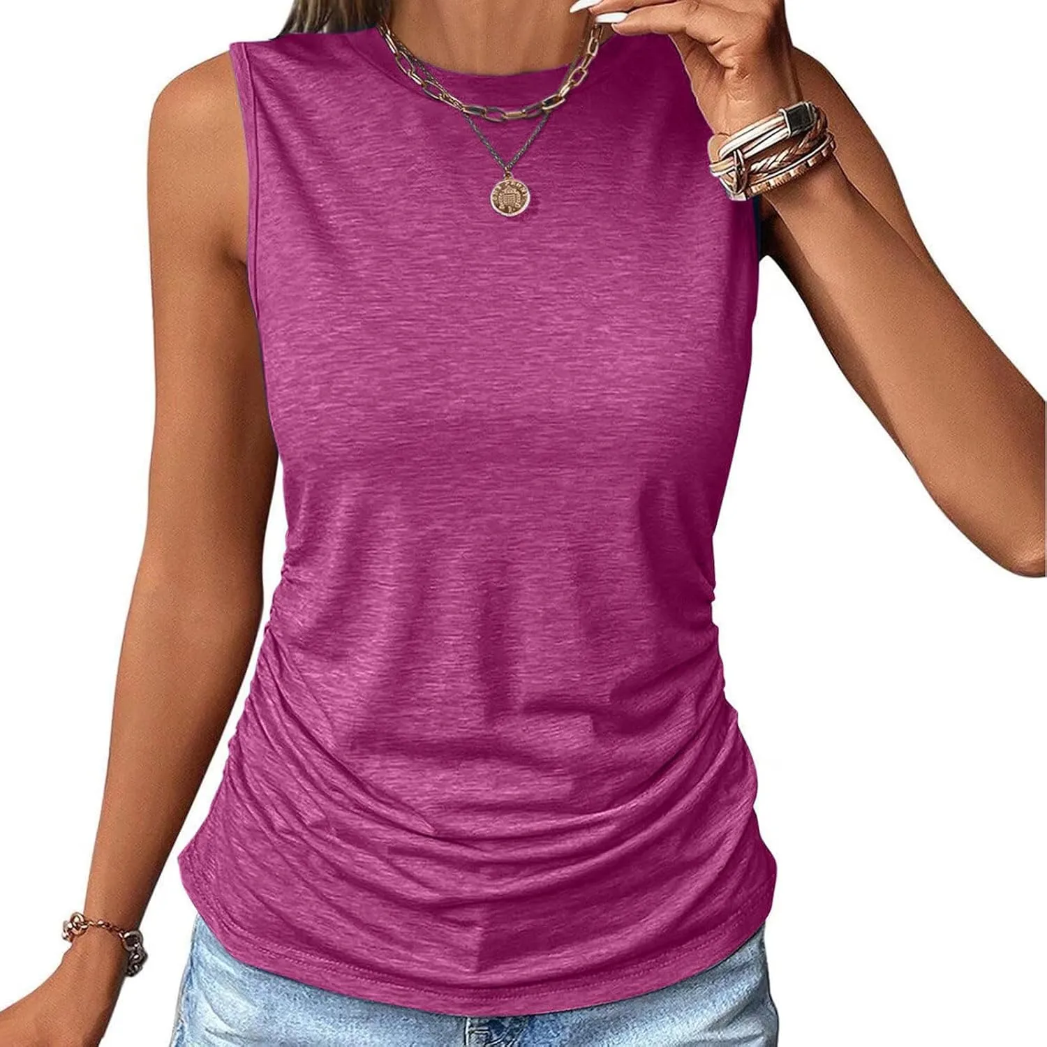 Womens Crewneck Sleeveless Shirts Side Ruched Tank Tops Relaxed Fitted Top Casual Spring Summer Trendy Clothes 2025