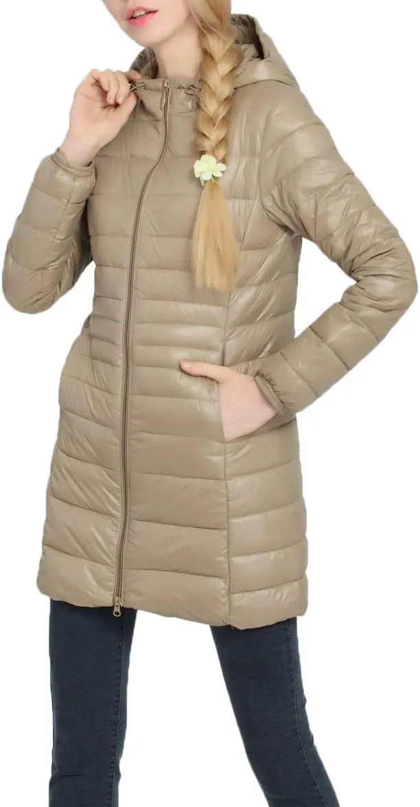 Women's Hooded Ultra Light Weight Coat Packable Outwear Long Puffer Down Jacket
